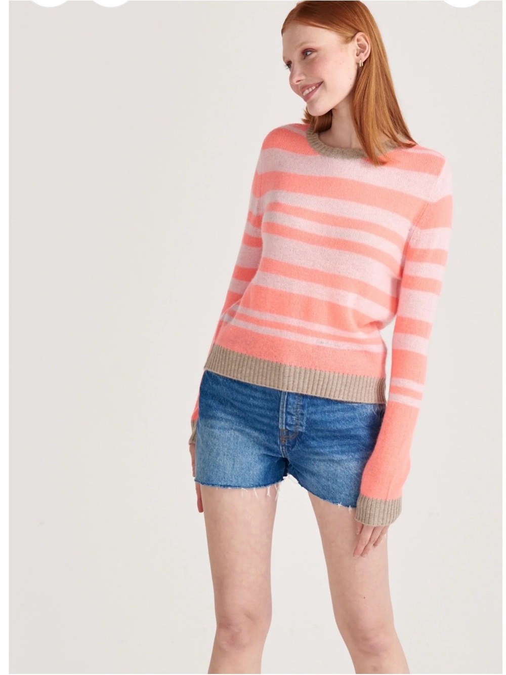 Jumper 1234  Pale Pink and Neon Coral Striped Crew Neck Cashmere Sweater